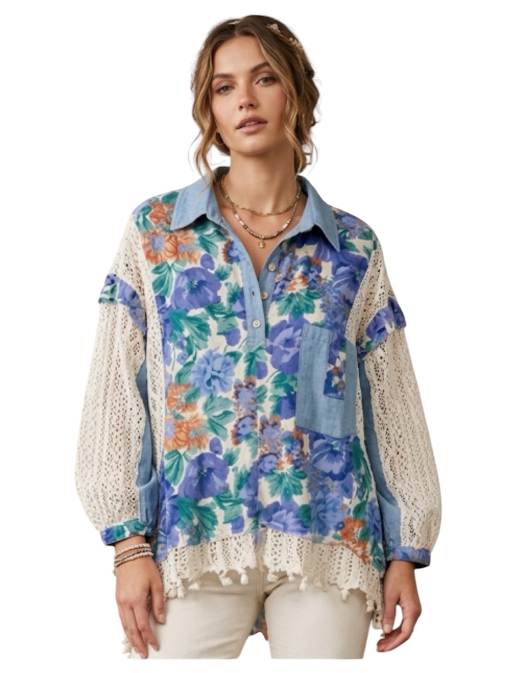 POL Boho Floral Crochet Patchwork Shirt - Retro Denim Collar & Lace Hem Size L
V